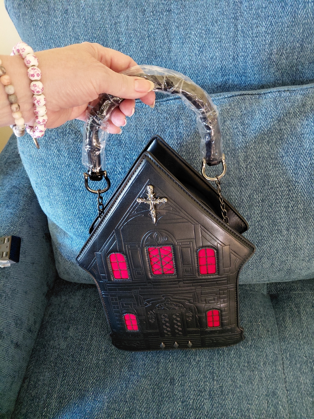 Gothic House-Shaped Crossbody Bag in Black with Pink Window Insets - Picture 4 of 6